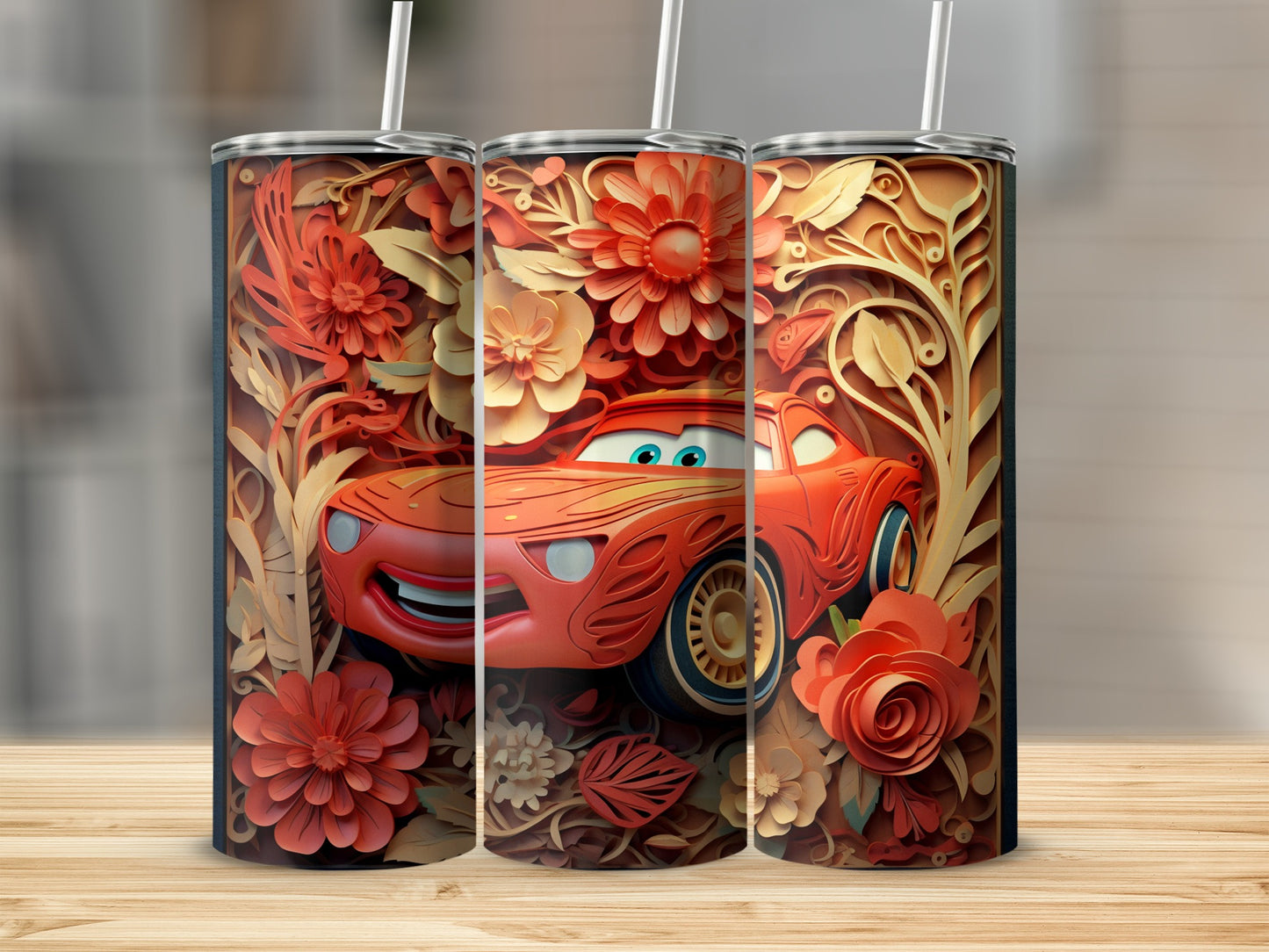 Vibrant Car and Flowers Themed Tumbler with Straw