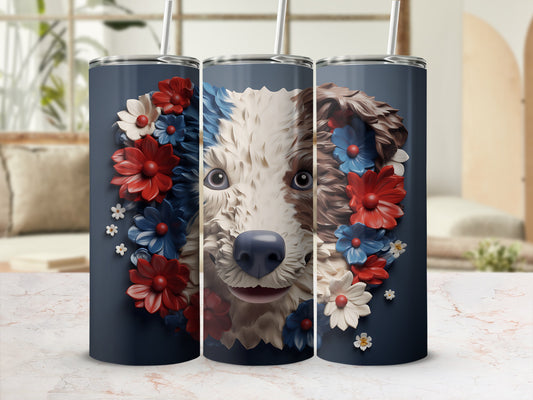 Trio of dark blue tumblers featuring a dog's face surrounded by red and blue flowers.