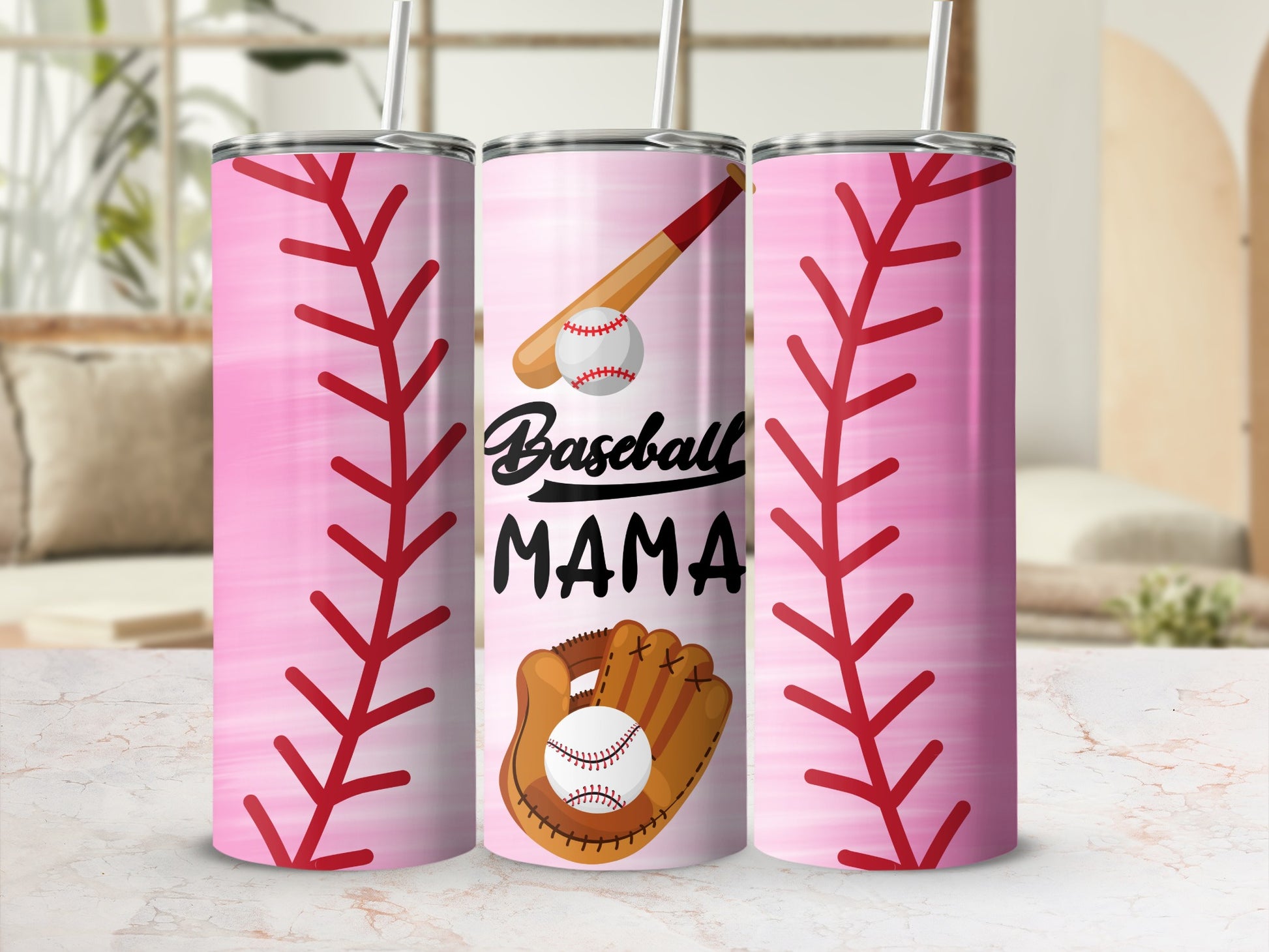 Pink Baseball Mama Themed Tumbler with Bat and Glove