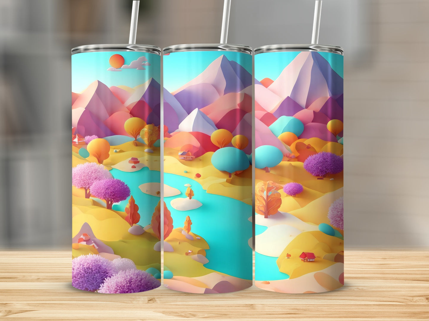 Three tumblers featuring a stylized landscape with mountains, trees, and a river.