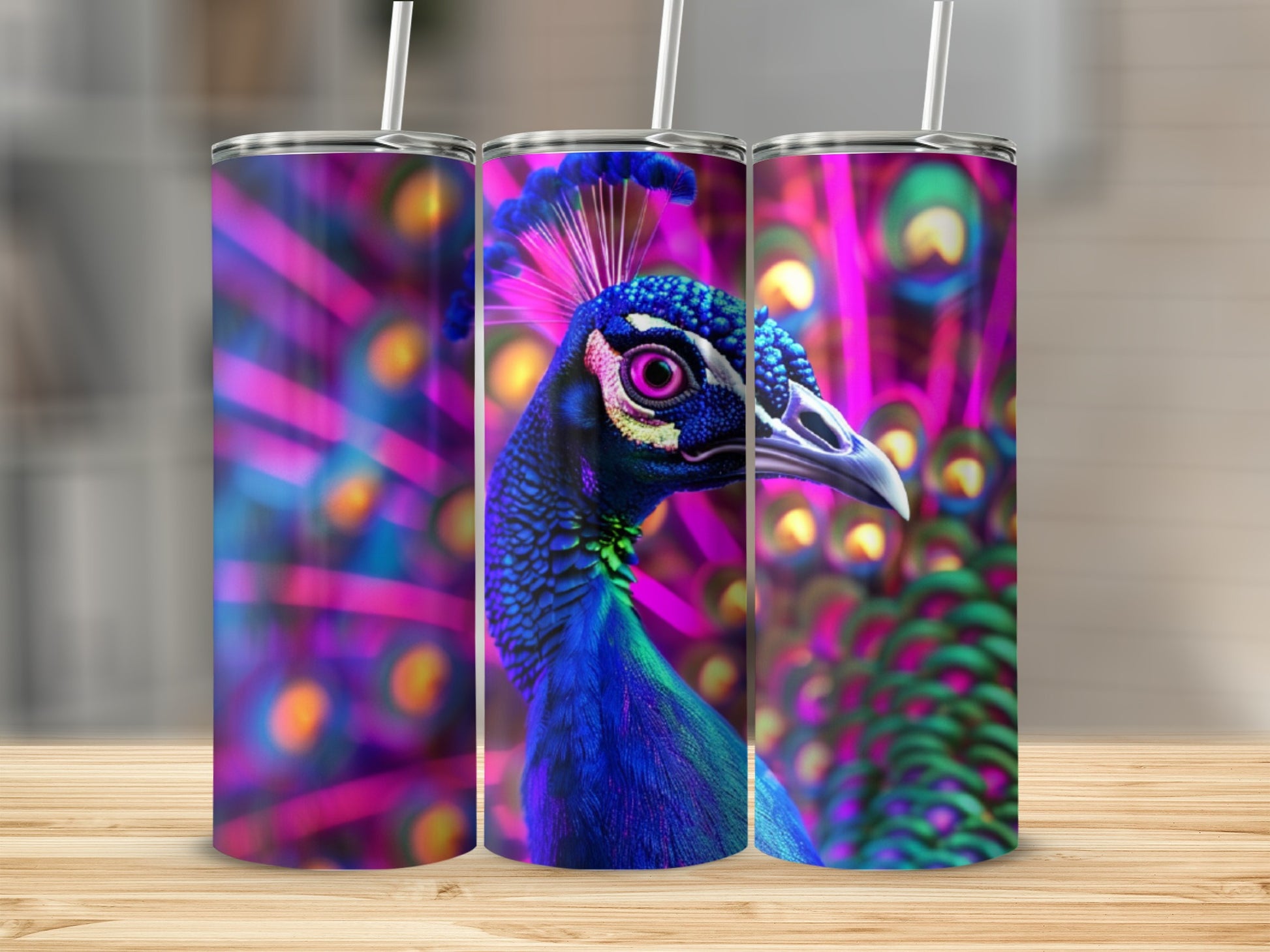 Three tumblers featuring a close-up of a peacock's head and iridescent feather background.