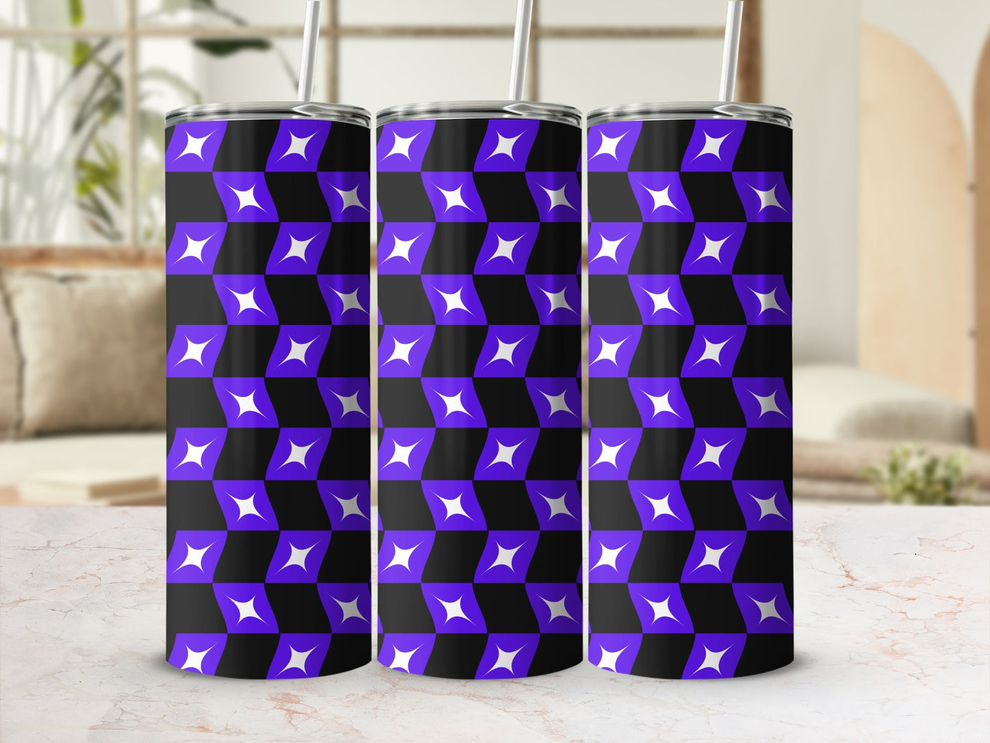 Three tumblers with a purple and black geometric pattern.