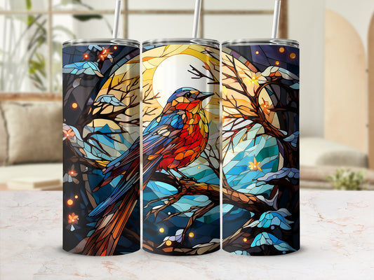 Colorful bird on a branch under a full moon with floral accents.