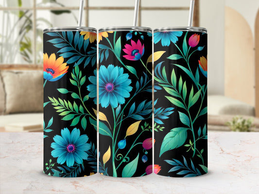 Three tumblers with a black background and colorful floral and leaf pattern.
