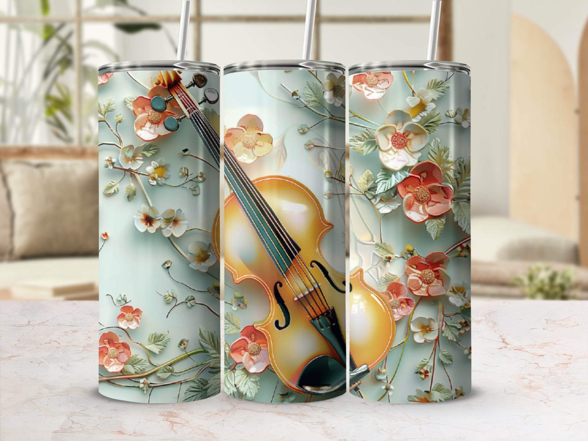 Violin with floral accent design on a light blue background tumbler.