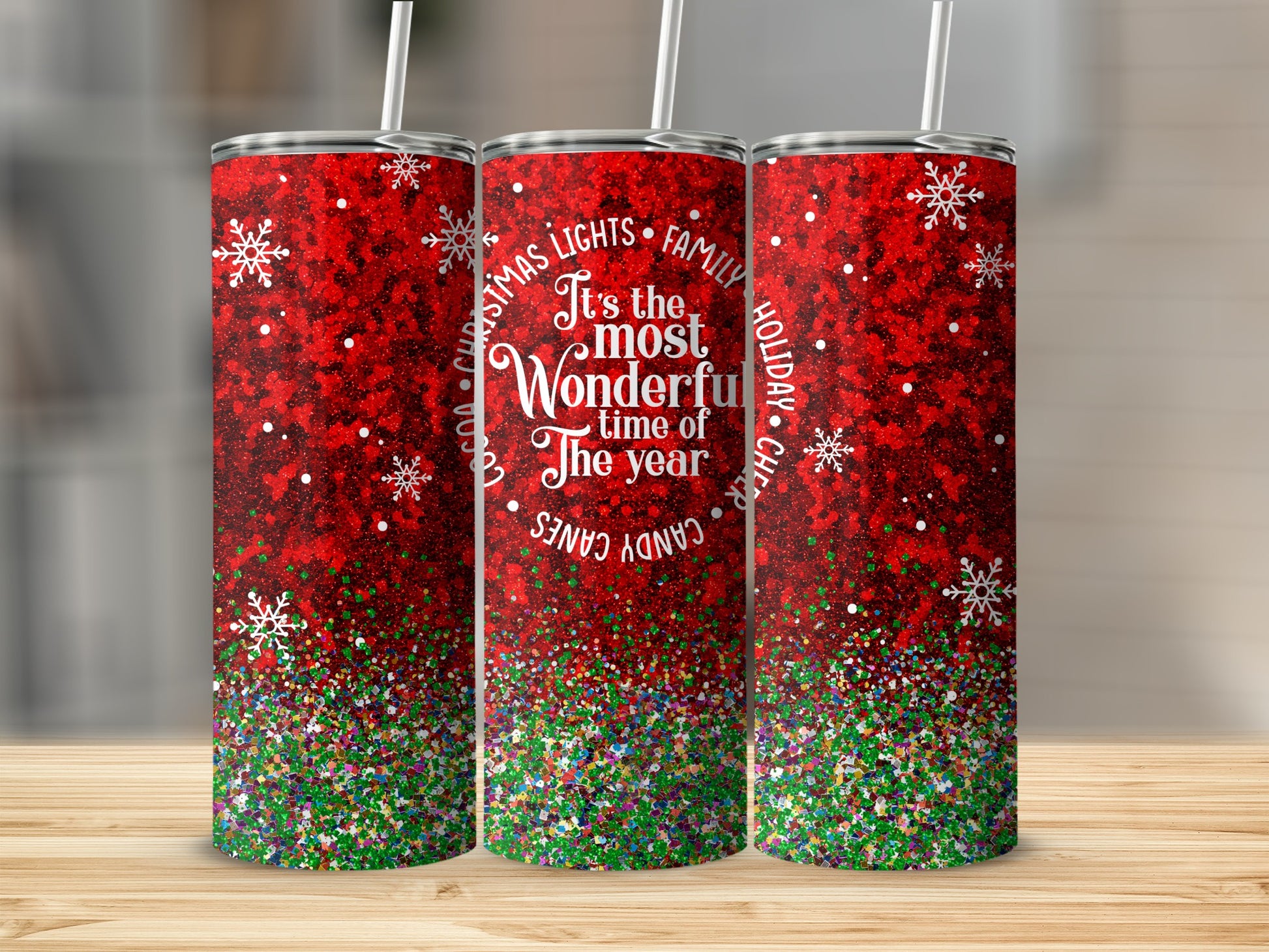 Red glitter tumbler with "Christmas Lights Family Holiday Cheer Candy Canes" text.