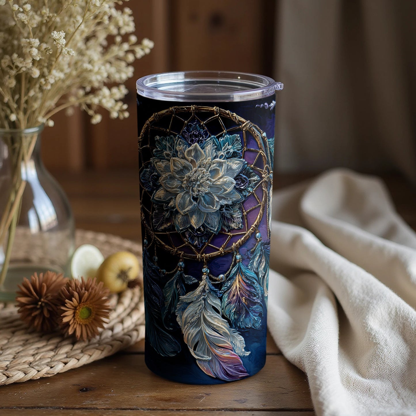 Intricately Designed Floral and Feather Tumbler