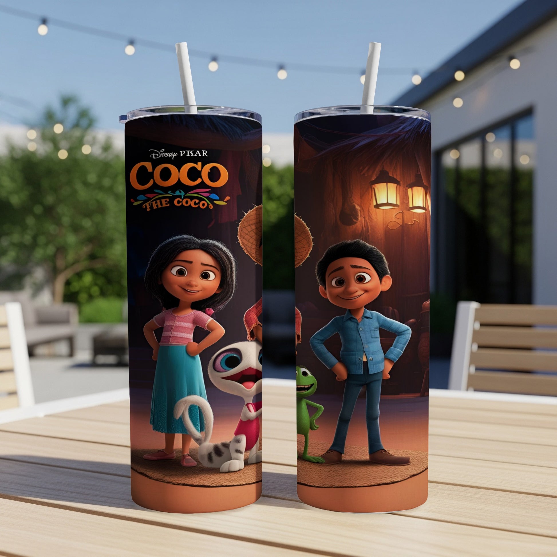 Coco movie characters Miguel and Hector on a Disney tumbler.