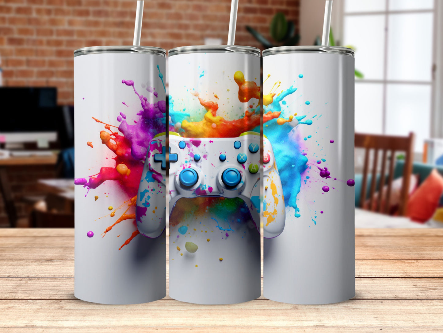 Gamer Vibes Color Splash Tumbler with Controller Design