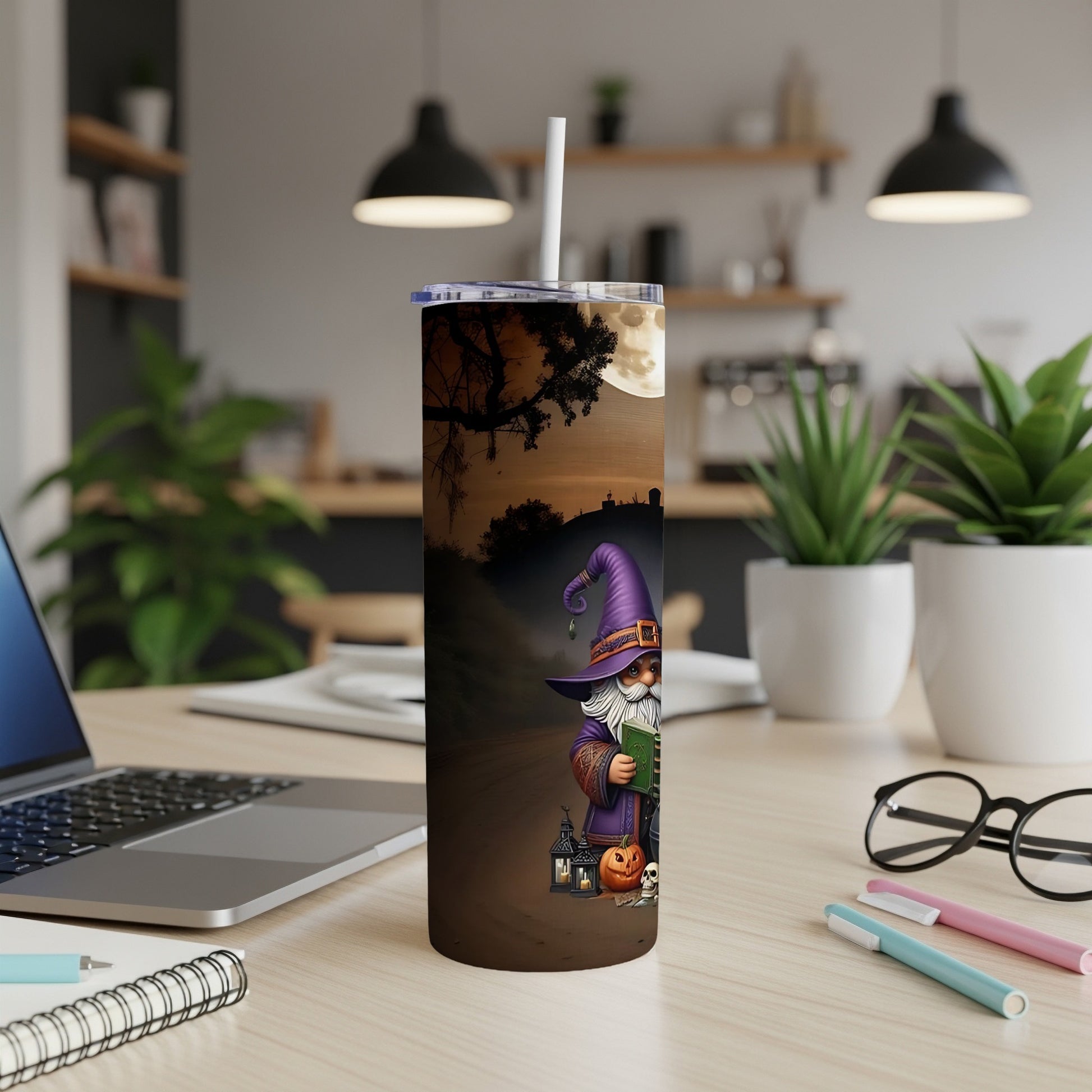 Tall tumbler with a wizard, pumpkin, and skulls on a spooky moonlit background.