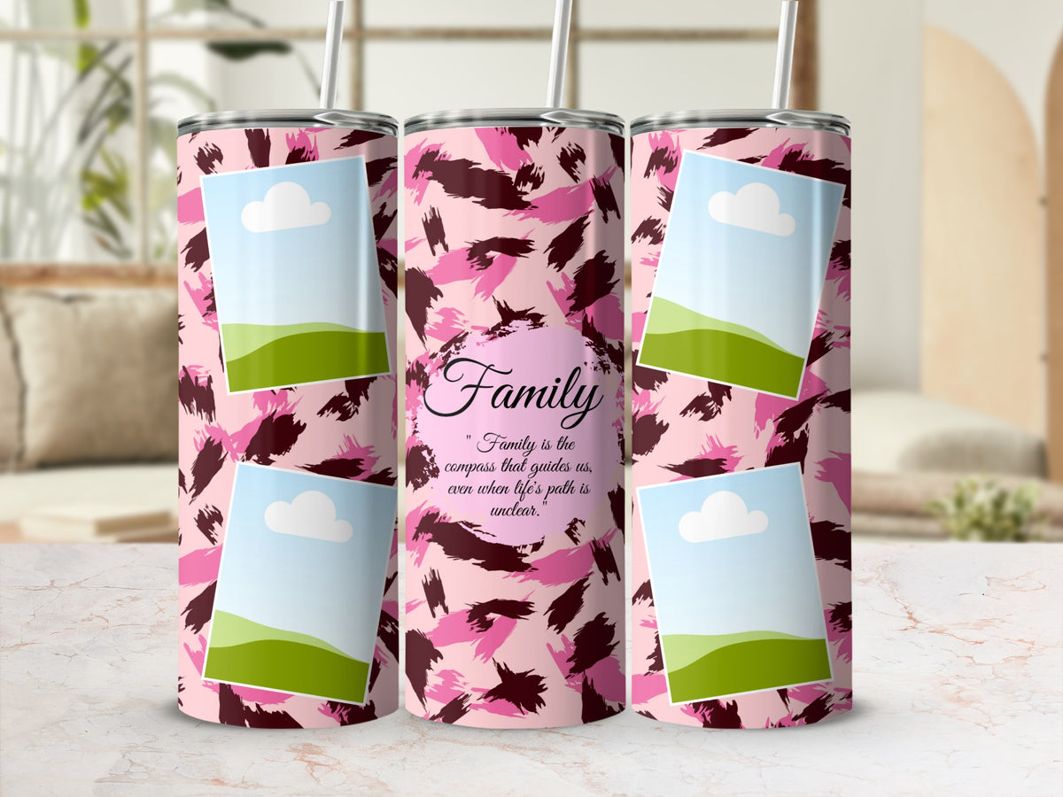 Three tumblers with pink camouflage pattern and embedded image placeholders.