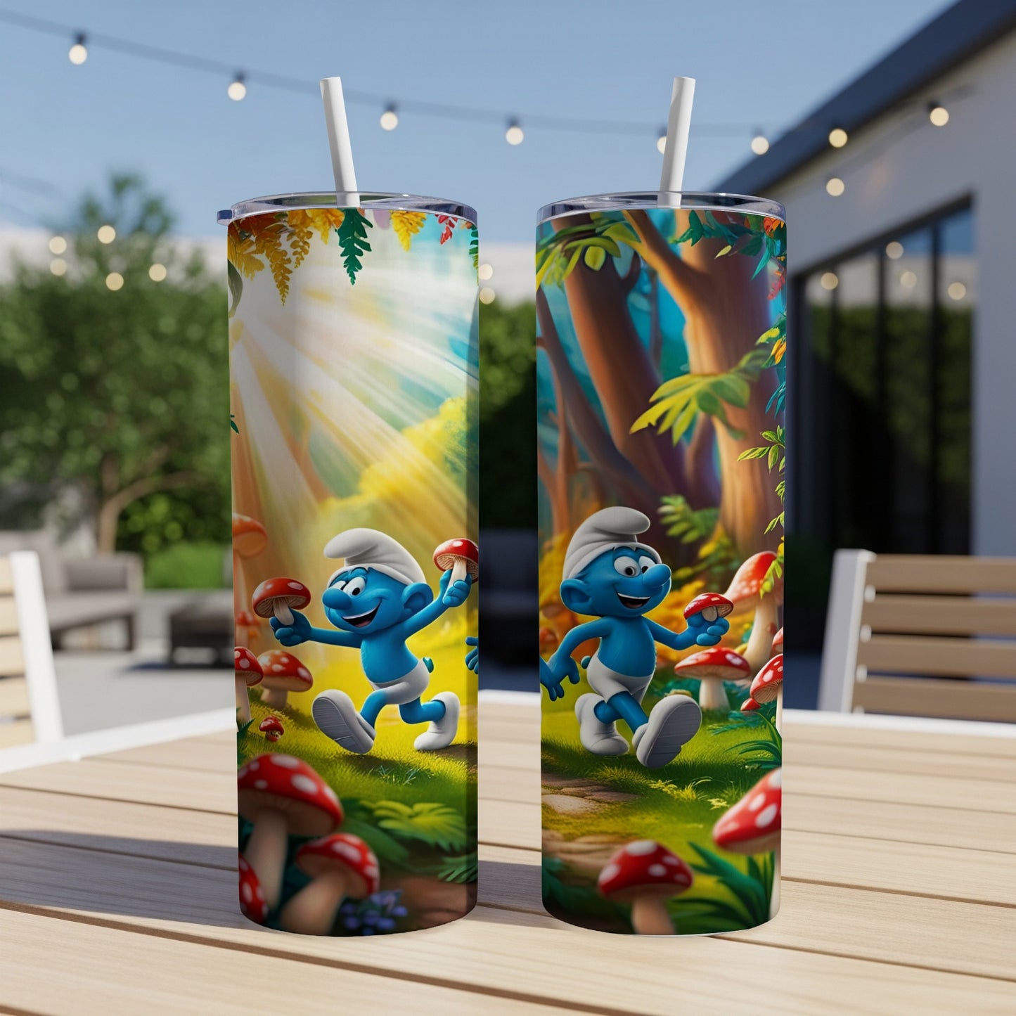 Two Smurfs with mushroom forest background on a skinny tumbler.