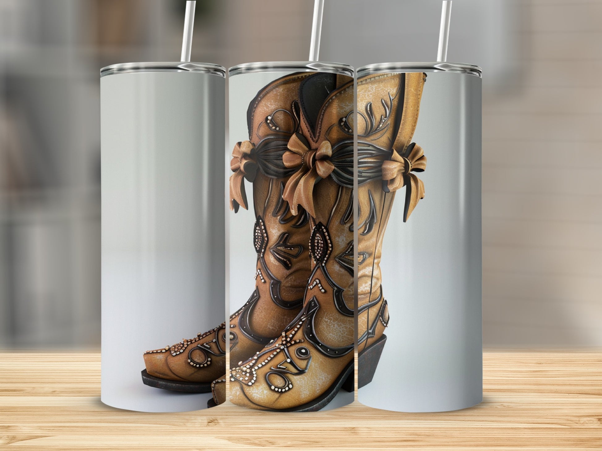Cowboy boots with floral embellishments and rhinestones on a wooden surface.