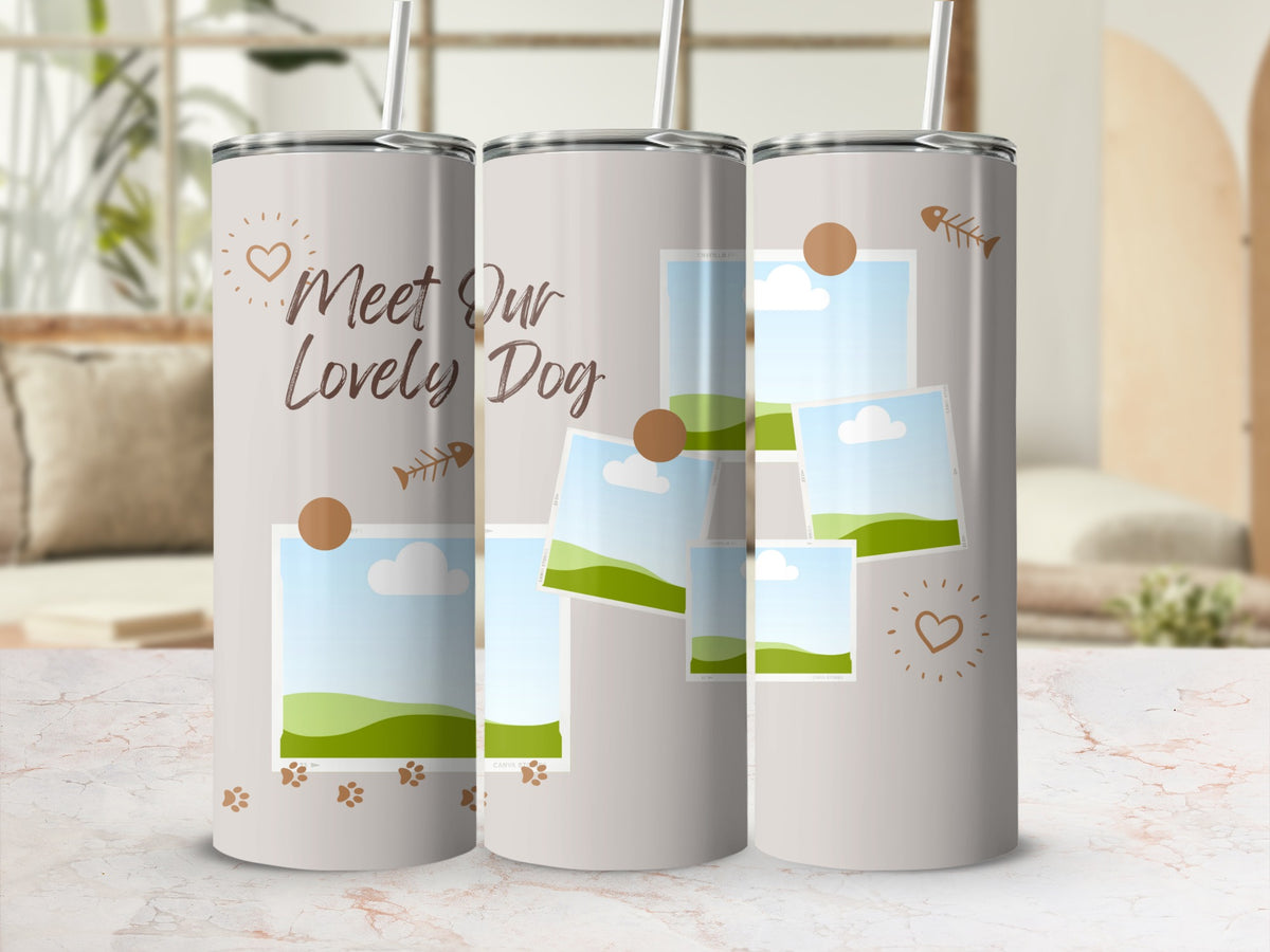 Tumbler with "Meet Our Lovely Dog" text, photo frames, paw prints, and fish skeletons.