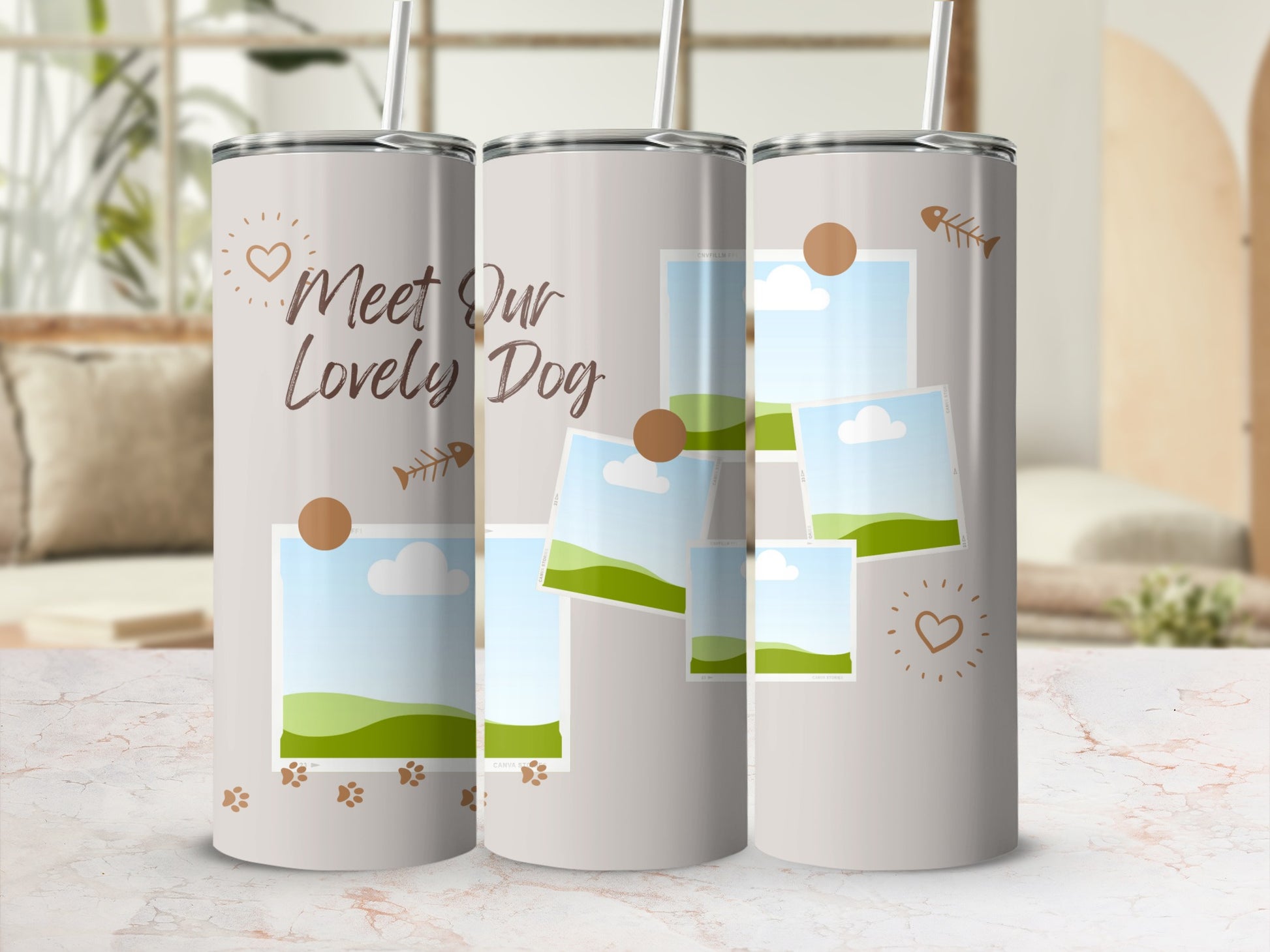 Tumbler with "Meet Our Lovely Dog" text, photo frames, paw prints, and fish skeletons.