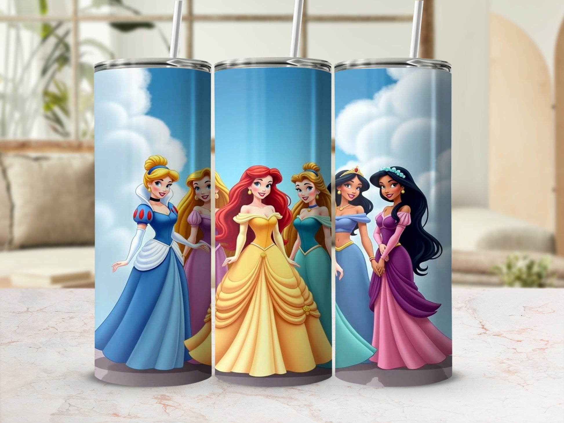 Disney princesses Ariel, Cinderella, Jasmine, and Belle standing in a line.