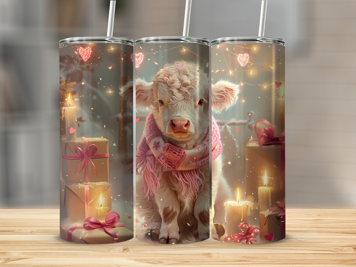 Cow wearing pink scarf surrounded by gifts and candles.