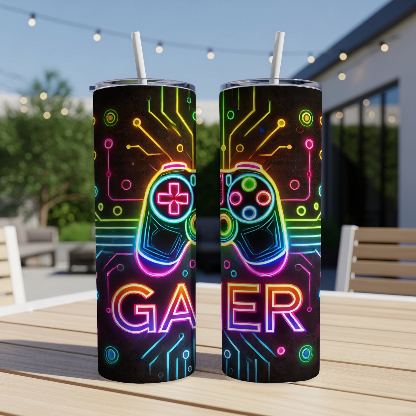 Gamer controller and circuitry design on two neon-lit tumblers.