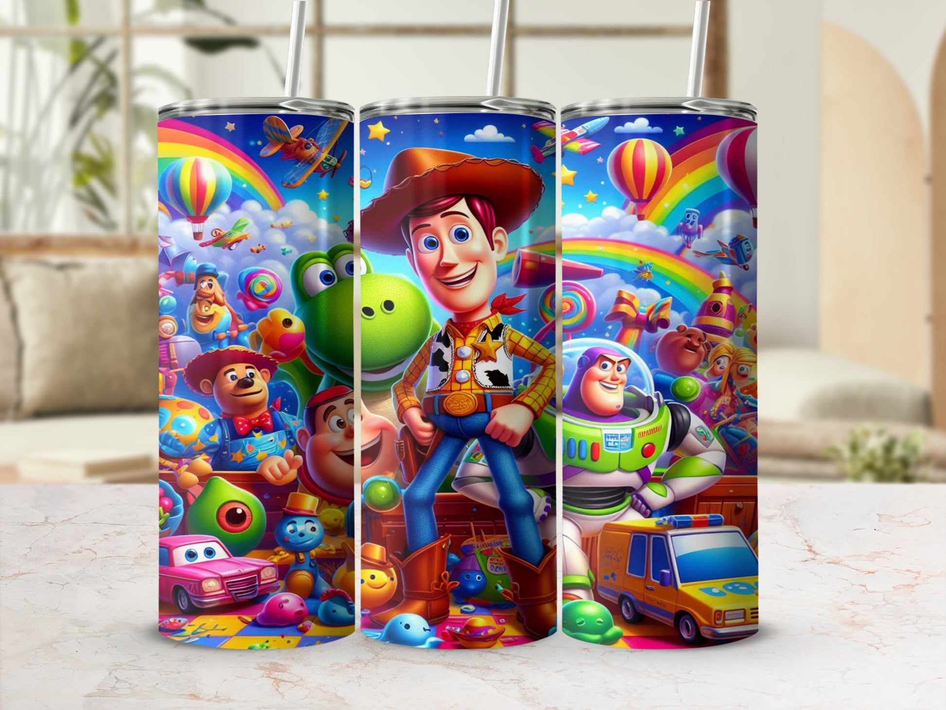Woody and Buzz Lightyear with toys and colorful cartoon characters on a tumbler.