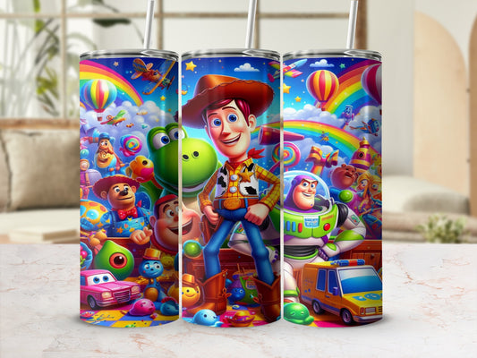 Woody and Buzz Lightyear with toys and colorful cartoon characters on a tumbler.