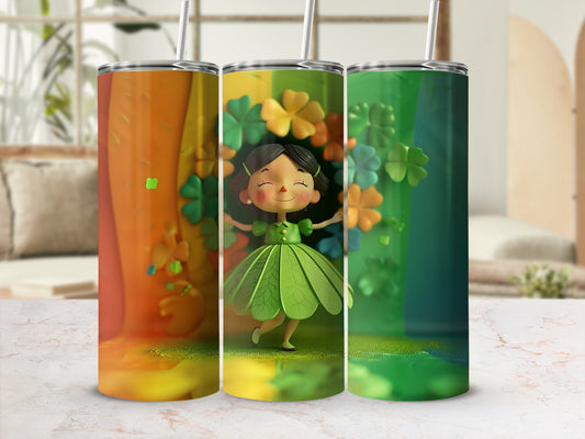 Three tumblers featuring a smiling girl with shamrocks and gradients of orange, yellow, green, and blue.