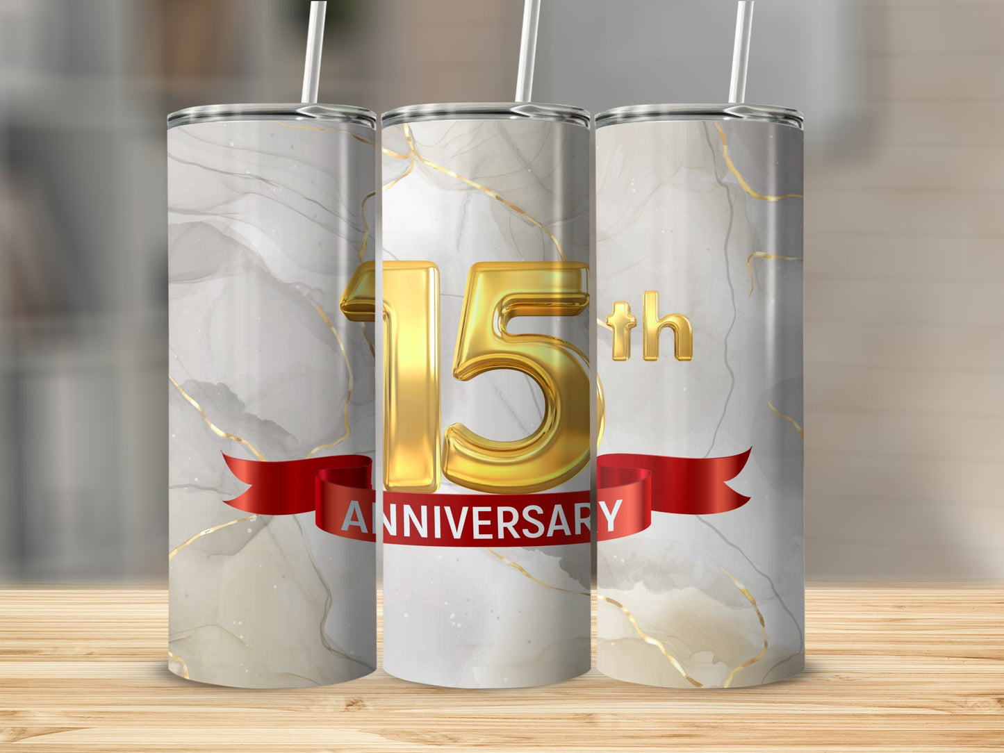 Gold "15th Anniversary" text on marbled tumbler with red ribbon.