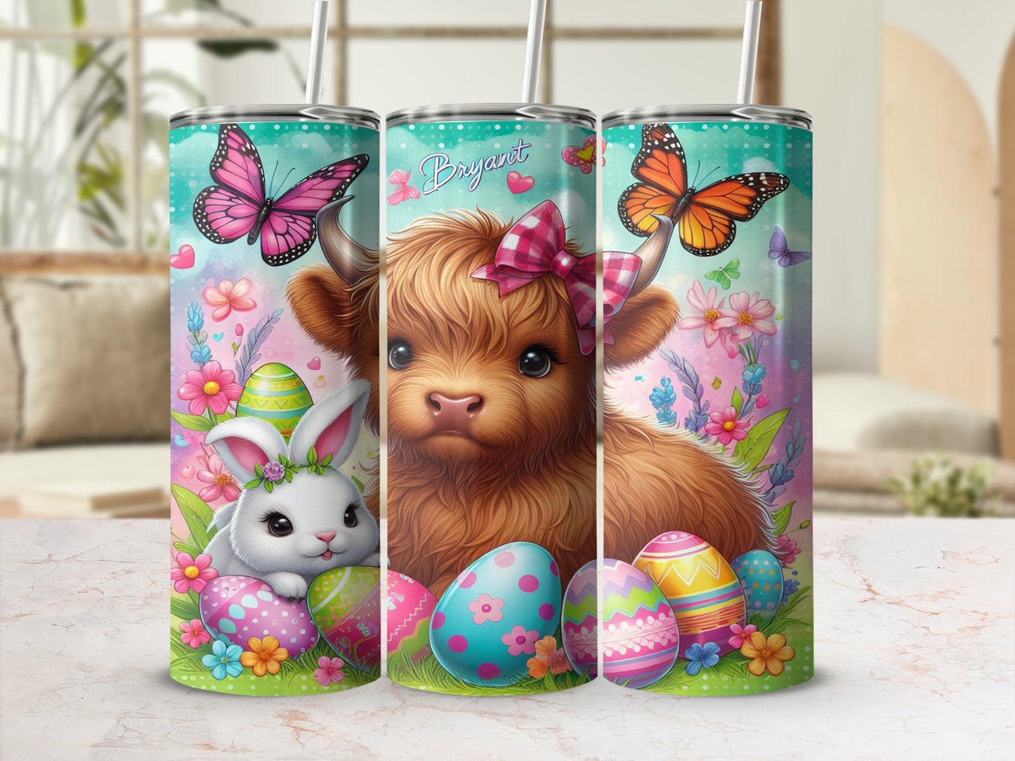 Highland cow with Easter bunny and decorated eggs, butterflies and flowers.