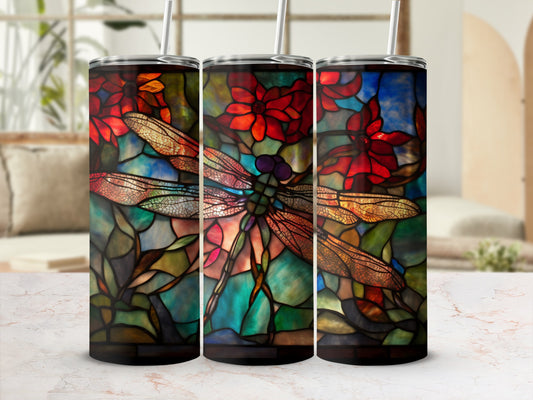Dragonfly and floral stained glass pattern on three tumblers.