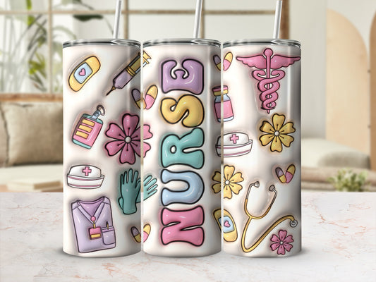 Tumbler with pastel medical icons and "NURSE" in colorful block letters.