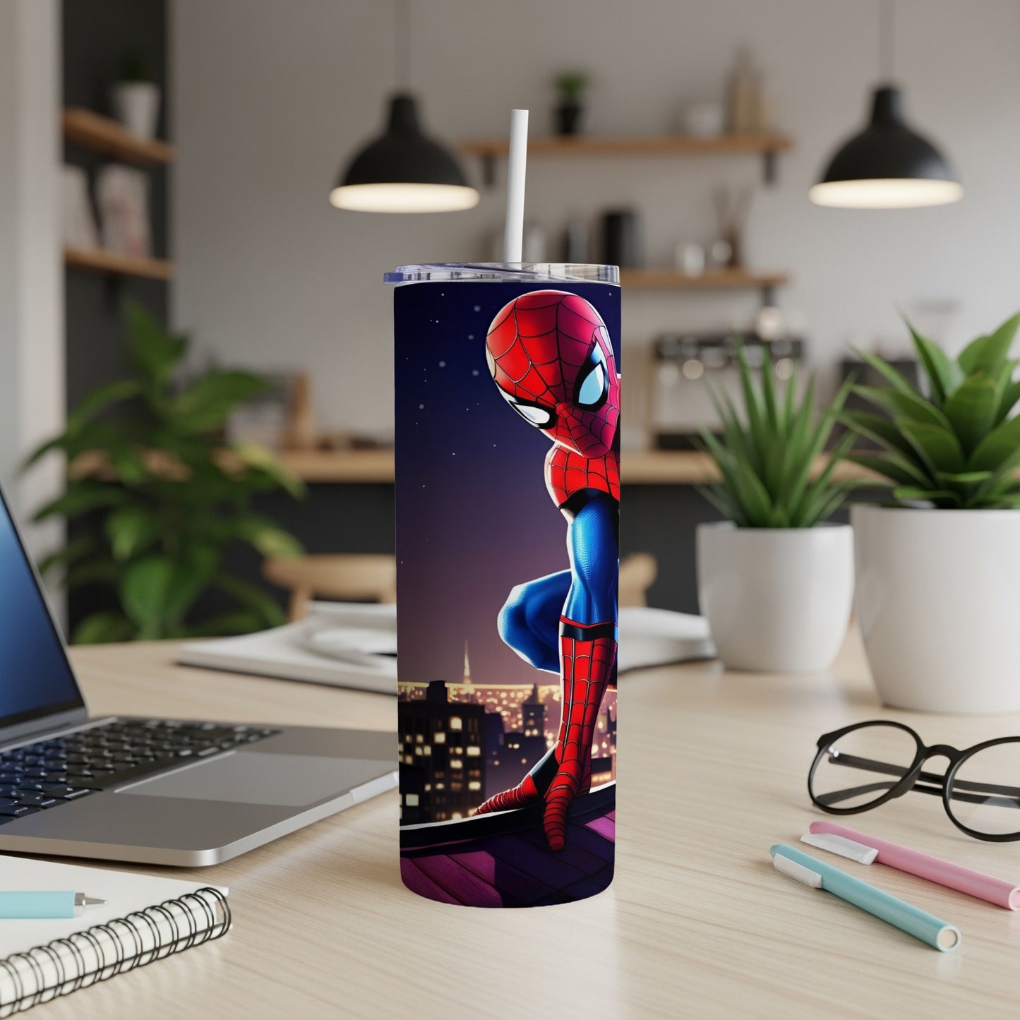 Spider-Man on rooftop, city lights background, skinny tumbler with straw.