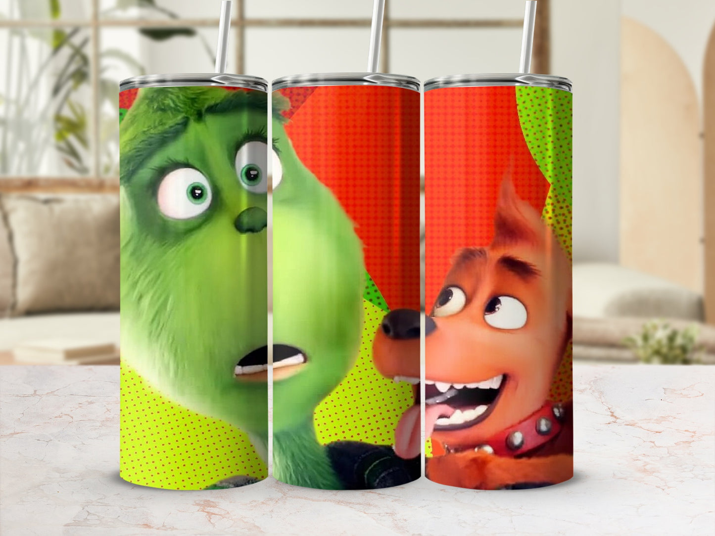 The Grinch and Max on a colorful tumbler with a lime green polka dot background.