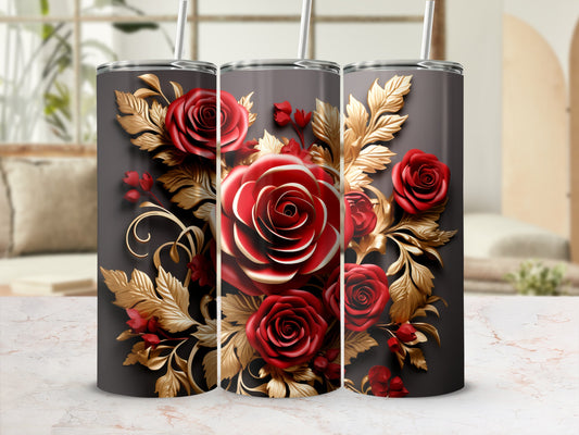Three tumblers with detailed red roses and gold leaves on a dark background.