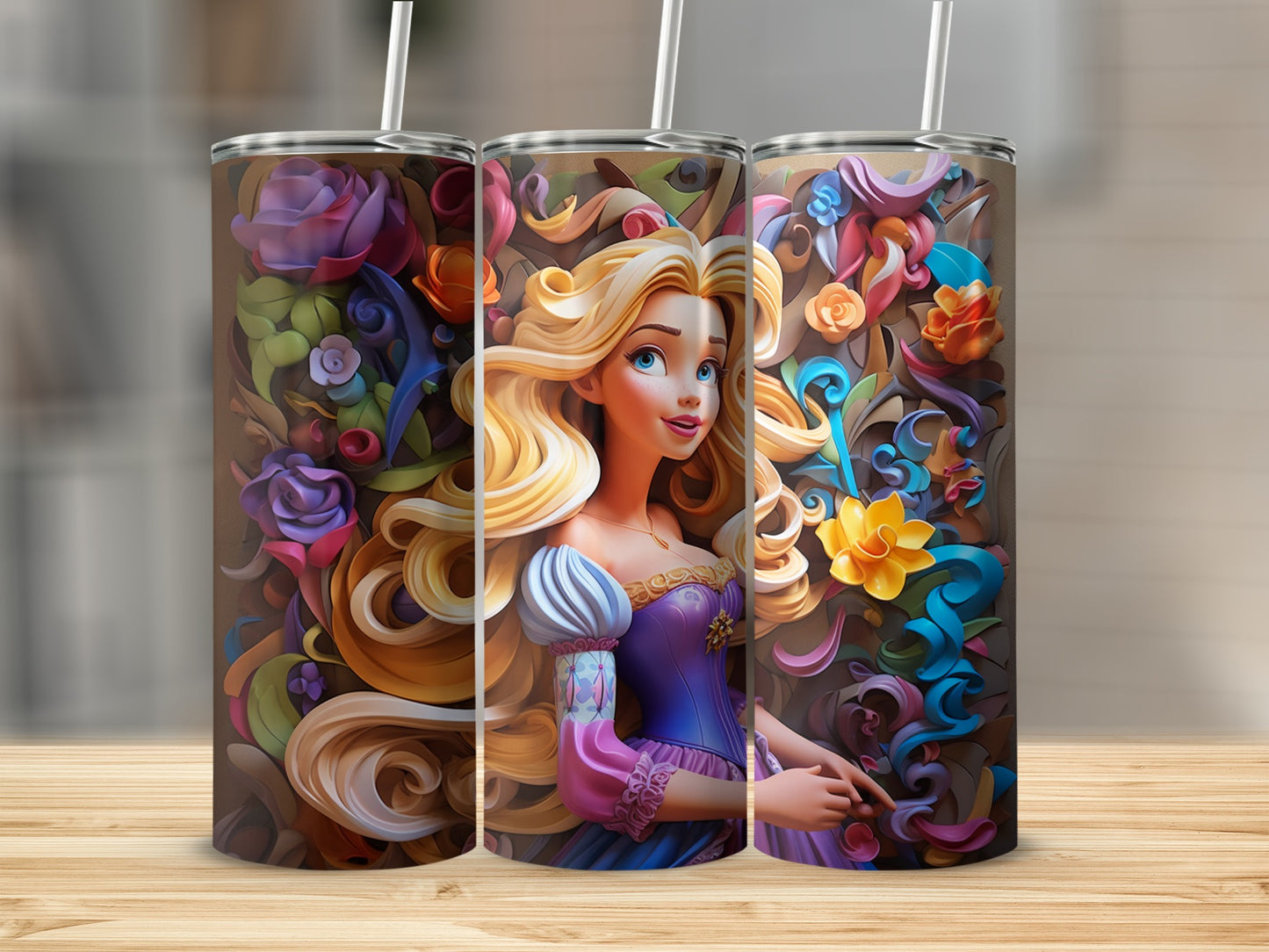 Vibrant Floral Fantasy Character Tumbler Cup Design