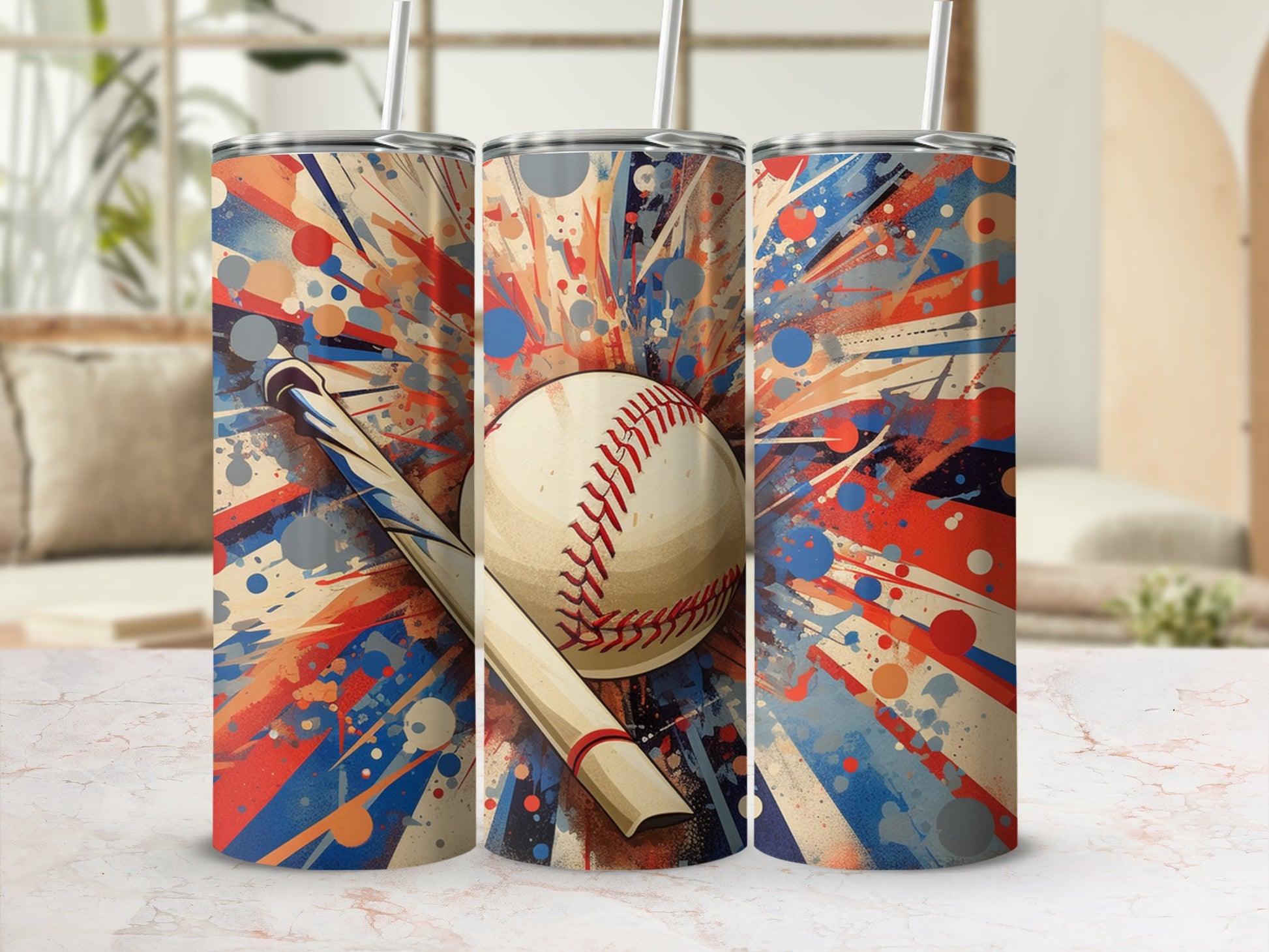 Colorful Baseball Art Tumblers with Bat and Ball Design