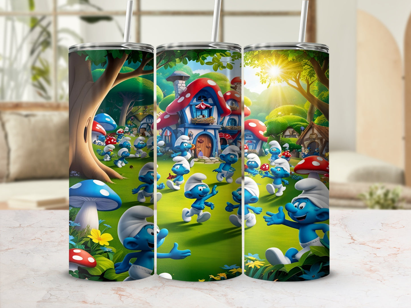 Smurfs running through a village with mushroom houses under a sunny sky.