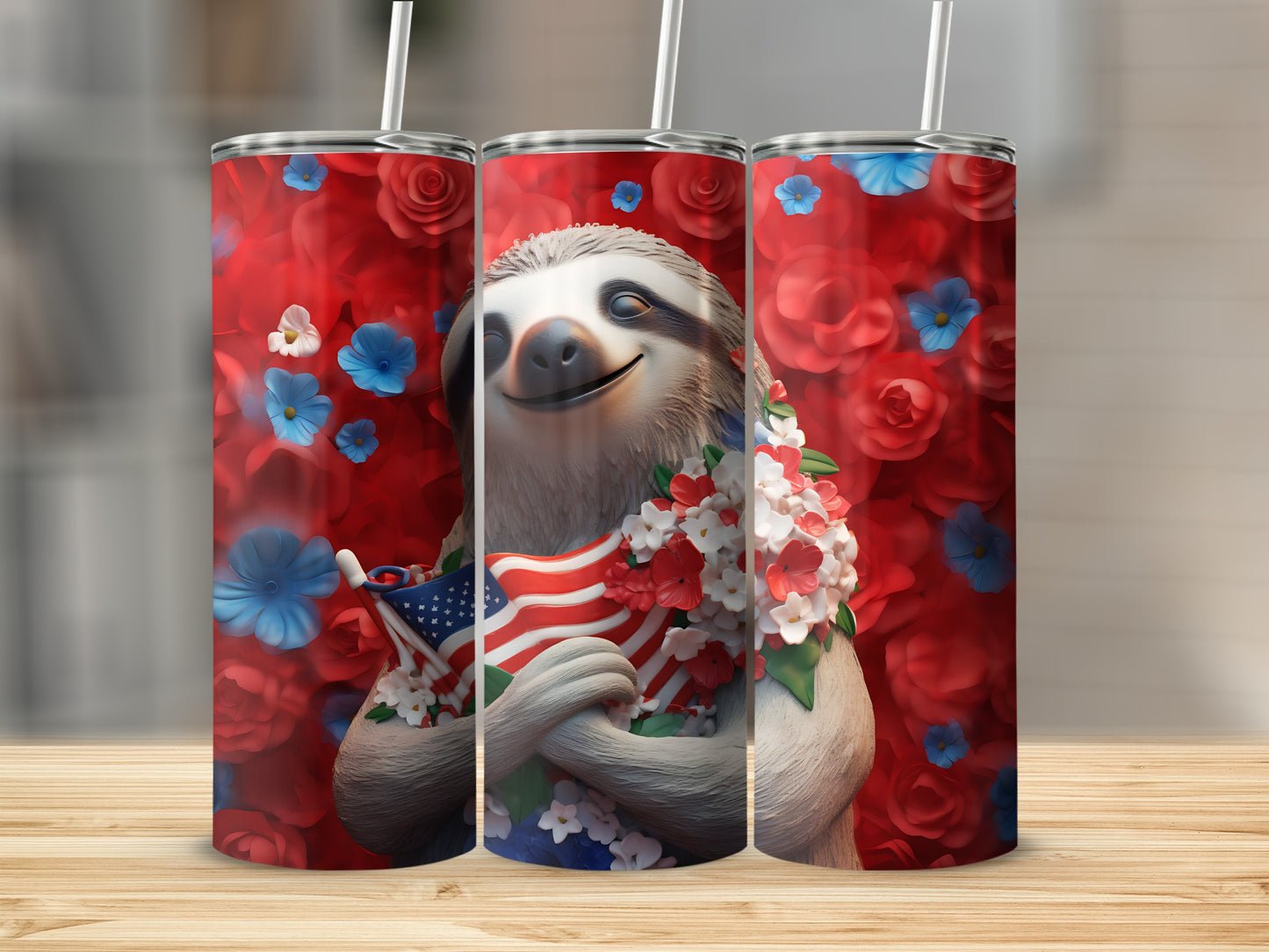 Sloth wearing a flower crown holds American flag, with floral background.