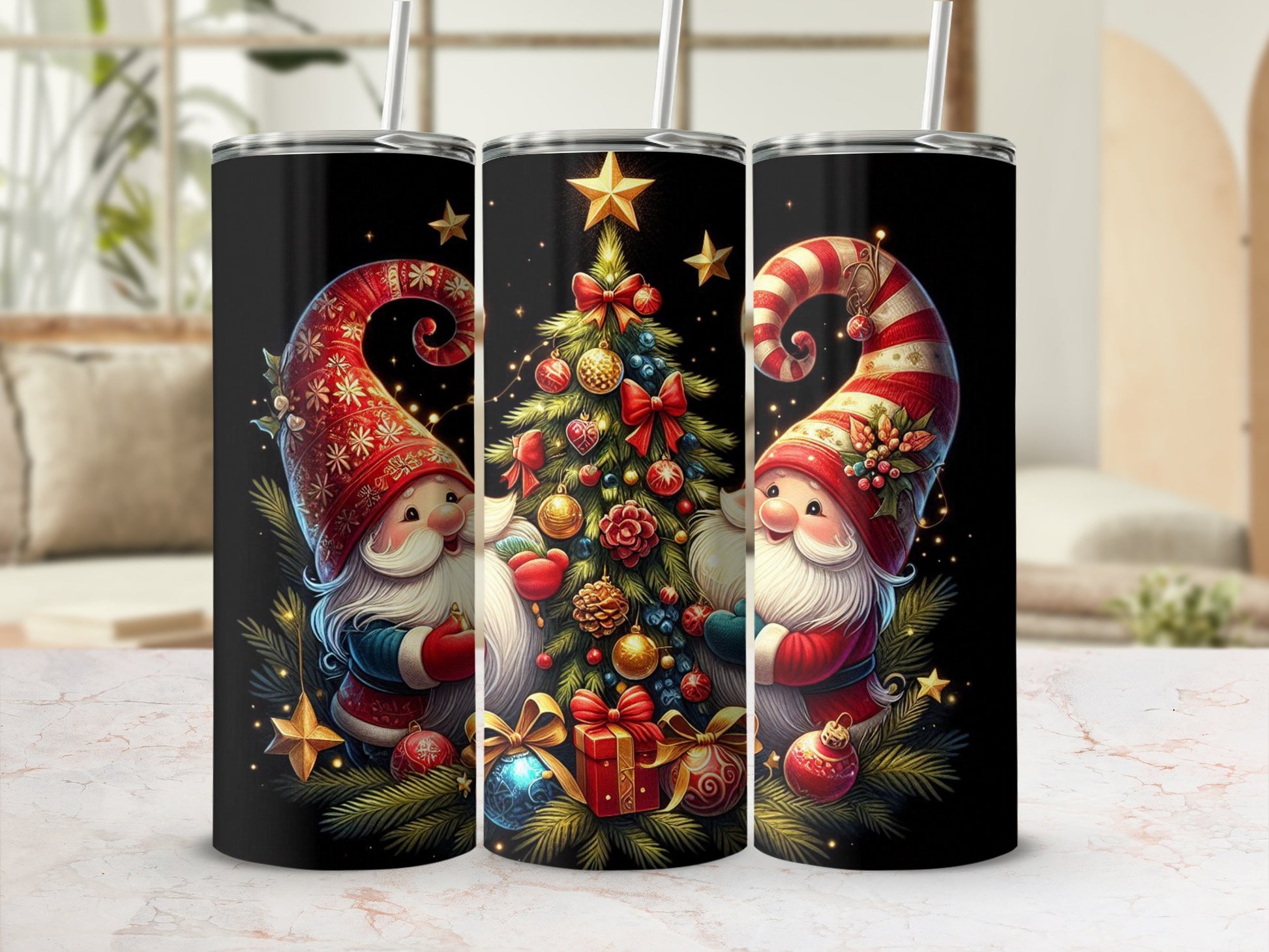 Two gnomes flanking a decorated Christmas tree on tumblers.
