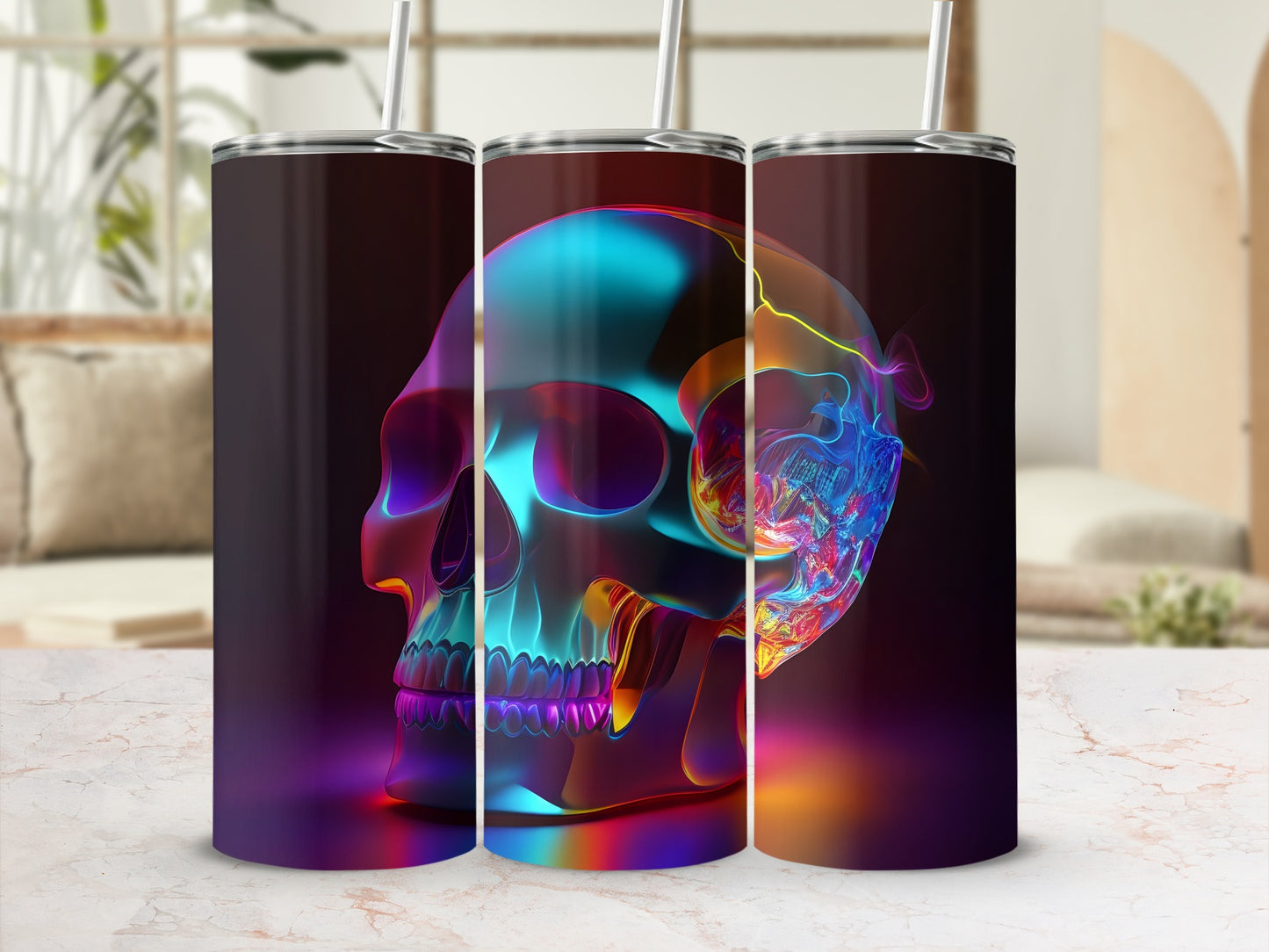 Colorful, translucent skull artwork on three stainless steel tumblers.
