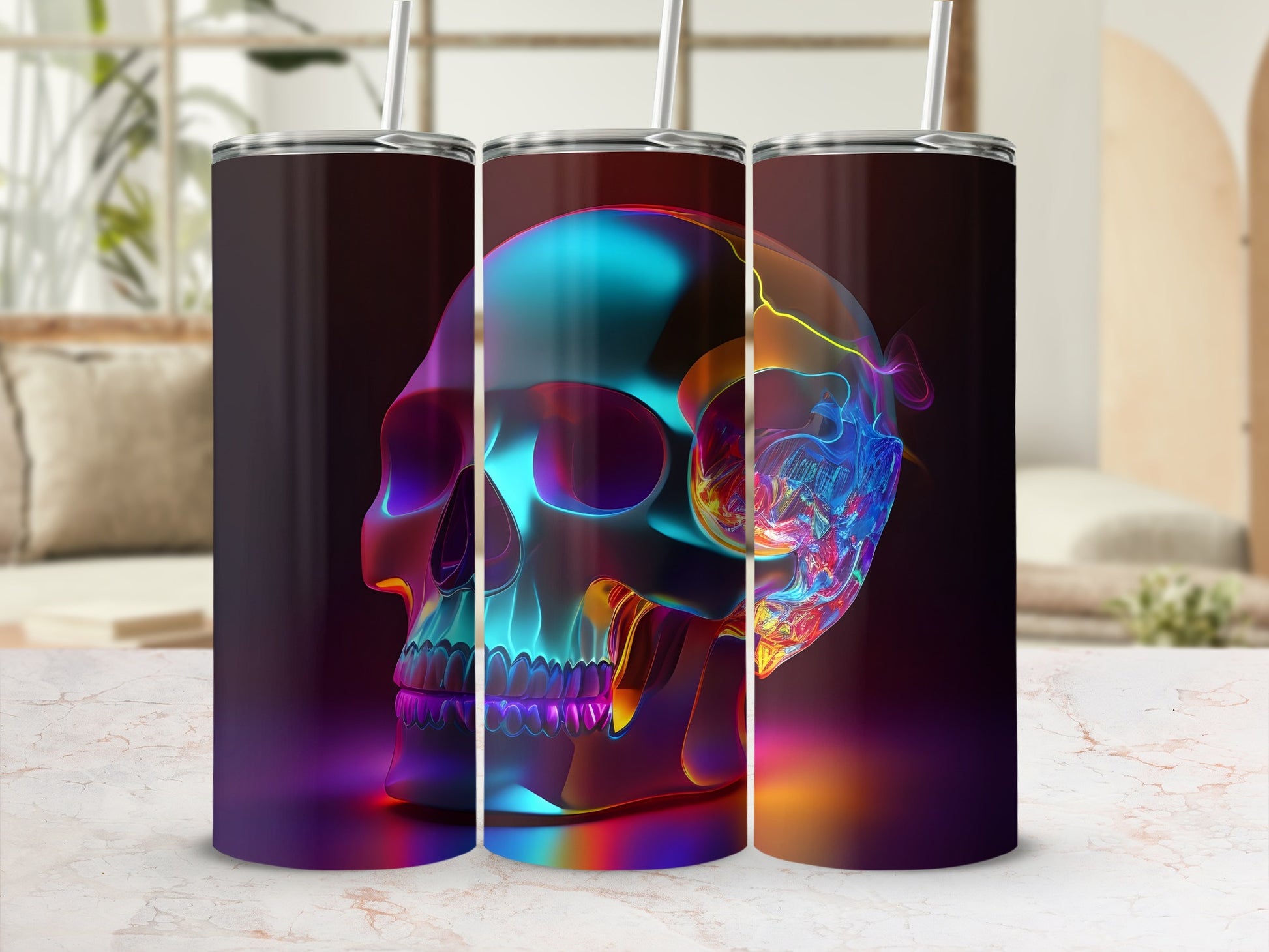 Colorful, translucent skull artwork on three stainless steel tumblers.