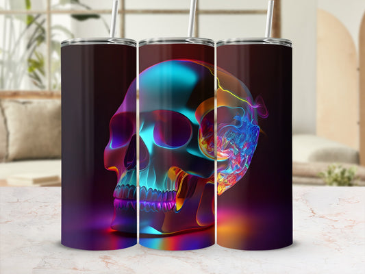 Colorful, translucent skull artwork on three stainless steel tumblers.