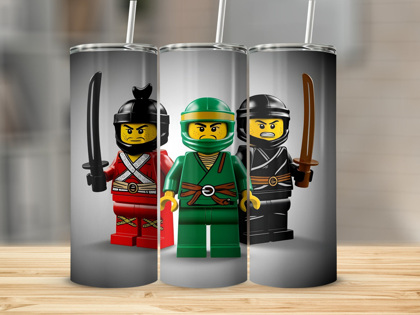 Three Lego Ninjago characters in red, green, and black on a tumbler.