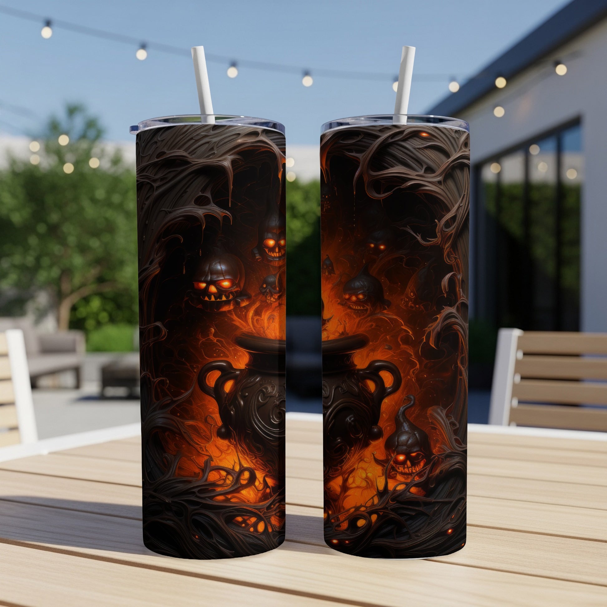 Two tumblers with a spooky Halloween design of skulls and a cauldron in flames.