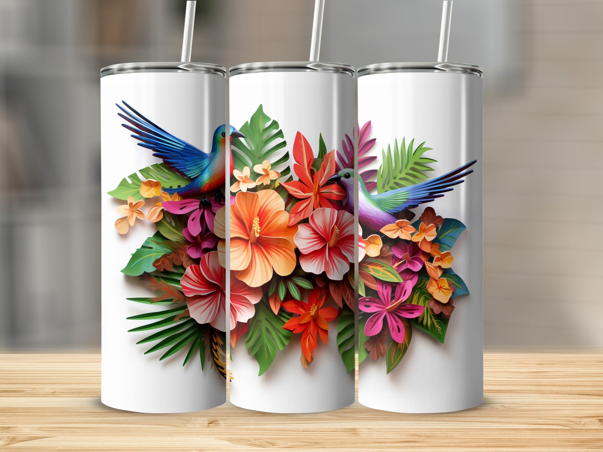 Vibrant Floral Hummingbird Design Tumbler Cup