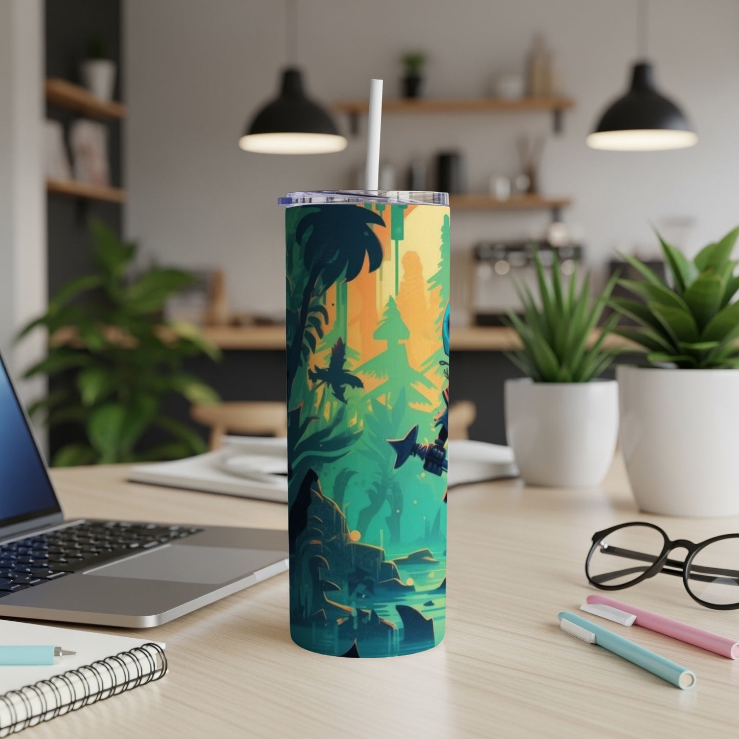 Tall tumbler with jungle scene featuring trees, birds, and aquatic life, with a straw.