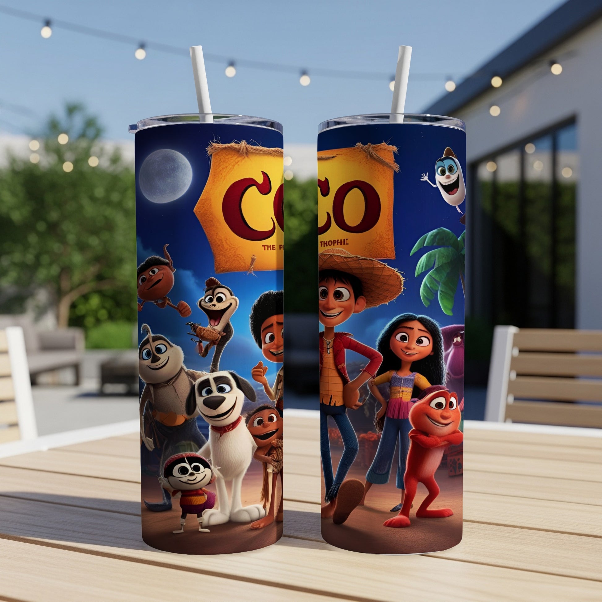 Coco movie characters Miguel, Hector, Mamá Coco, and Dante on a tumbler.