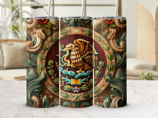 Three tumblers featuring the Mexican coat of arms with eagle, snake, and cactus.