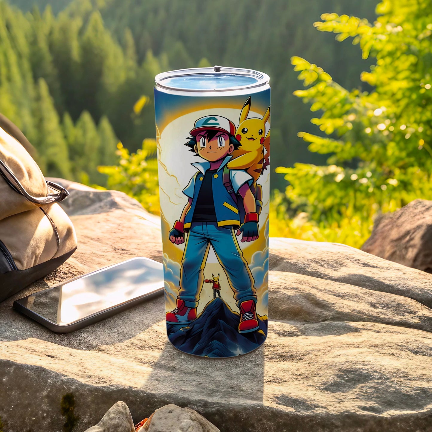 Ash and Pikachu Scenic Mountain Travel Tumbler