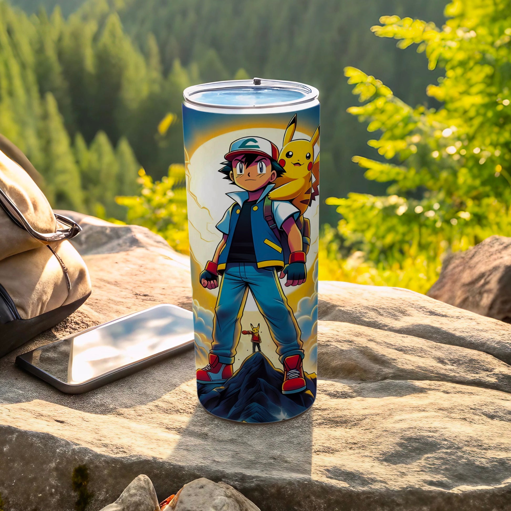Ash and Pikachu Scenic Mountain Travel Tumbler