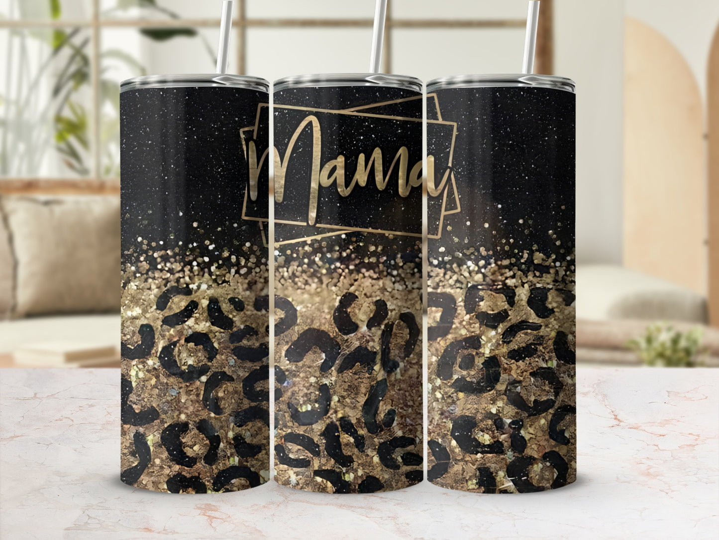 Black tumbler with gold glitter and leopard print, says "Mama".