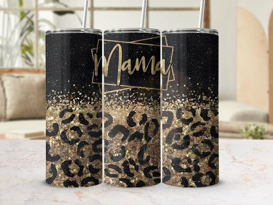 Black tumbler with gold glitter and leopard print, says "Mama".